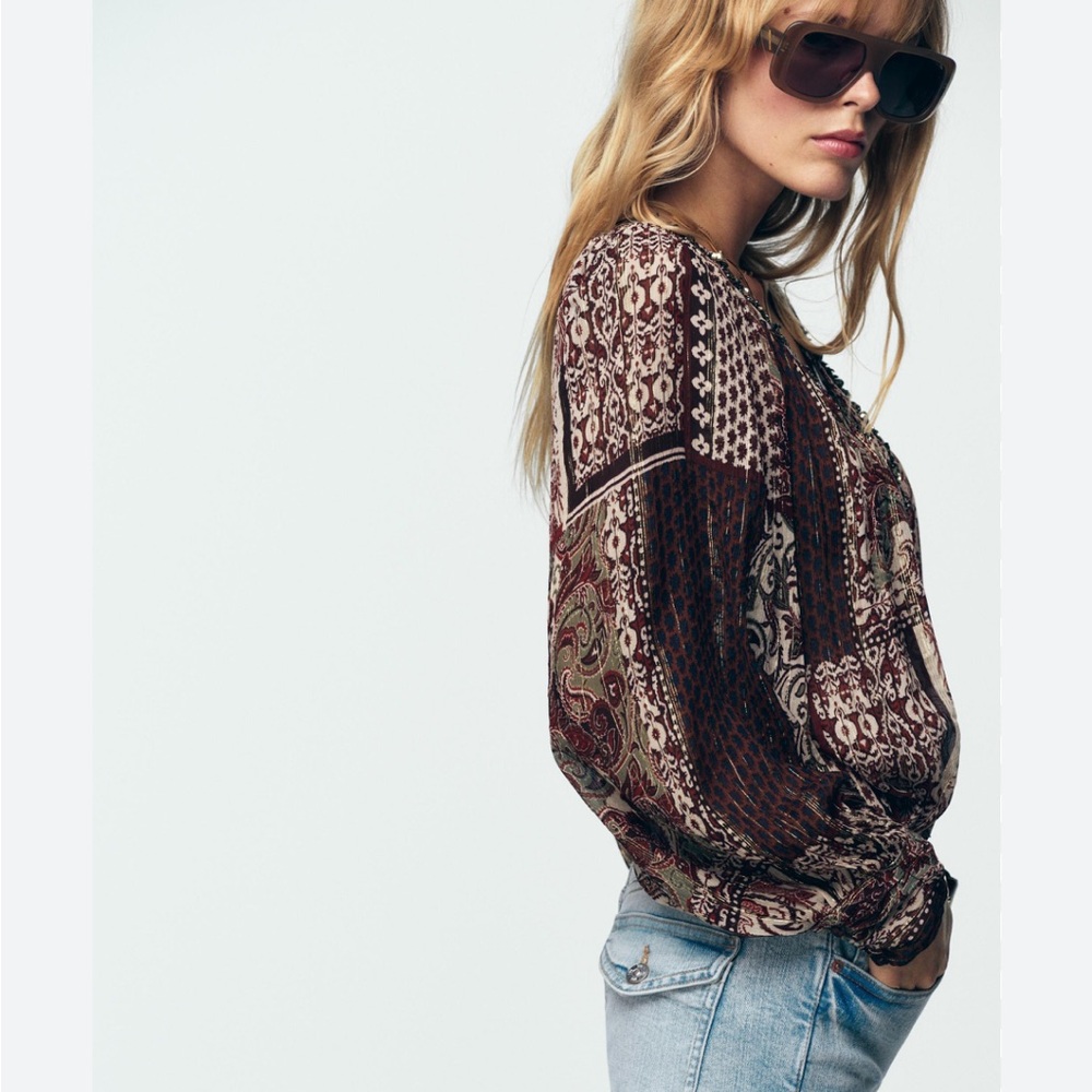 Zara NWT metallic thread beaded printed blouse - Picture 7 of 7
